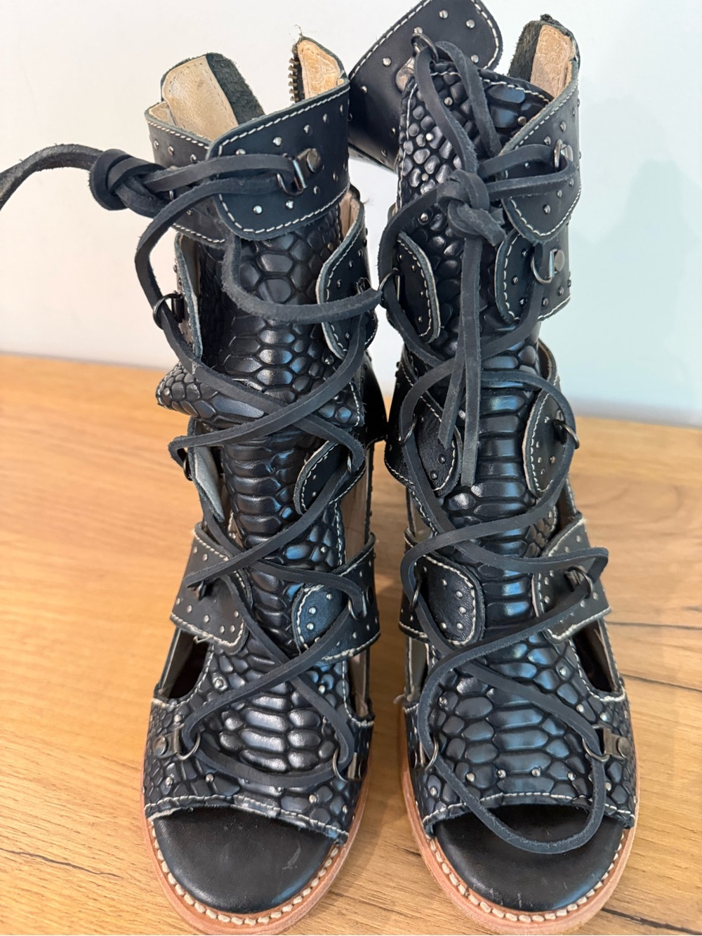 freebird brandy Black Lace-Up Cutout Ankle Booties